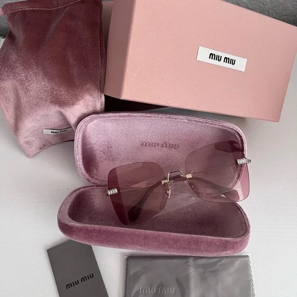MIU MIU Runway MU50WS Pink Crystal Strass Gold Butterfly Rimless Sunglasses 50W - Picture 3 of 7